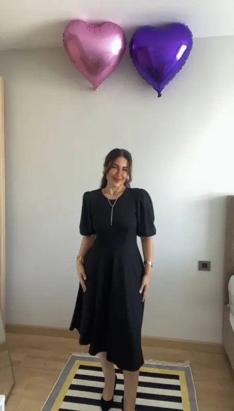 Ayollar Qisqa Balon Yengli Velosiped Yoqali Kiloş Jর্জন Krep Ko'ylak - 1