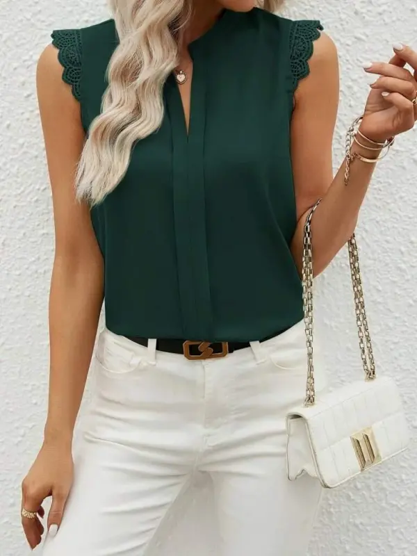 Ayollar Qisqa Dantelli Yengli Hakam Yoqali Import Krep Bluz - 4