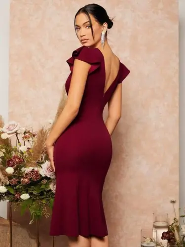 Ayollar Qisqa Kapalak Qanotli Chirmashgan Yoqali Import Krep Midi Ko'ylak - 4