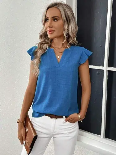 Ayollar Qisqa Kapalak Yengli V Yoqali Bluzka - 5