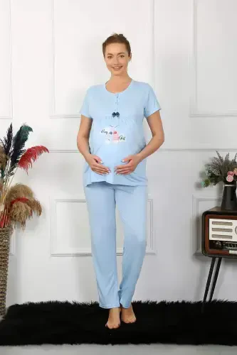 Ayollar qisqa qoʻl homilador va chillador pijama toʻplami koʻk 45210 - 5