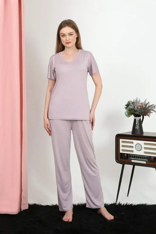 Ayollar qisqa qo'lli paxta triko pijama to'plami, pudra rangi 4213 - 6