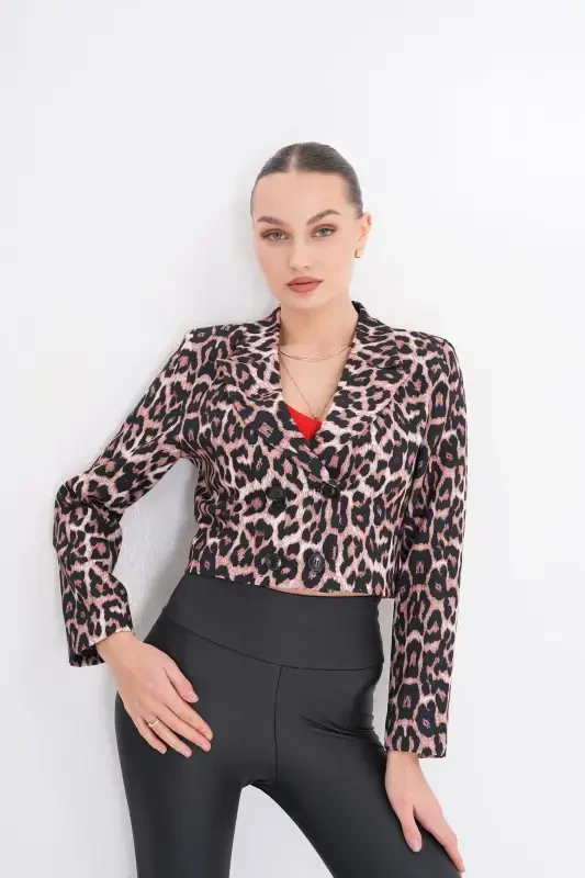 Ayollar qisqa tugmachali blazer kurtka 245071 - 250218-LEOPAR - ŞIMAL