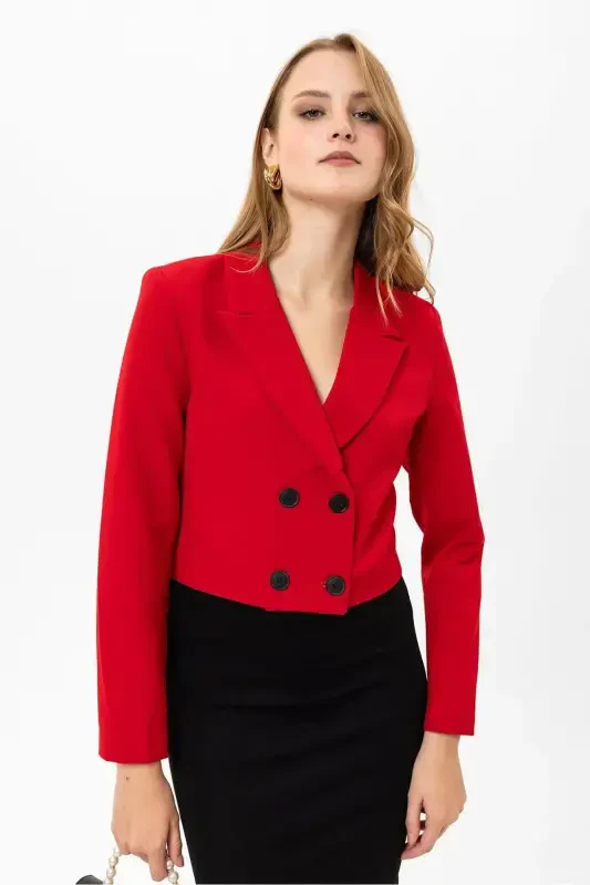 Ayollar Qisqa Tugmali Blazer Kurtka 245071 --QIZIL - 1