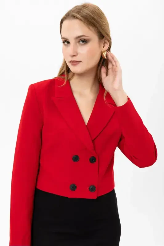 Ayollar Qisqa Tugmali Blazer Kurtka 245071 --QIZIL - 3