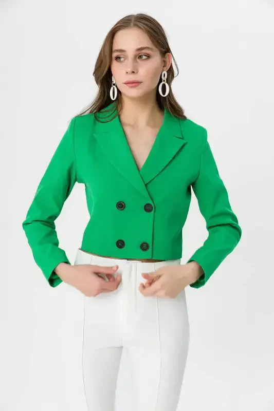 Ayollar Qisqa Tugmali Blazer Kurtka 245071 --YASHIL - 2