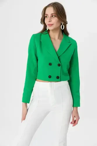 Ayollar Qisqa Tugmali Blazer Kurtka 245071 --YASHIL - 4