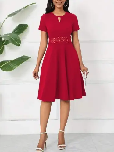 Ayollar Qisqa Yengli Dumaloq Yoqali Tomchi Tafsilotli Janjan Ko'ylak - 5