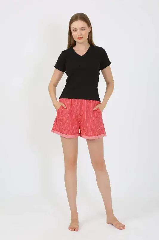 Ayollar qisqa yengli futbolka shortikli pijama to'plami qora 3633 - 7