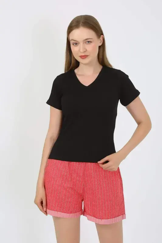 Ayollar qisqa yengli futbolka shortikli pijama to'plami qora 3633 - 8