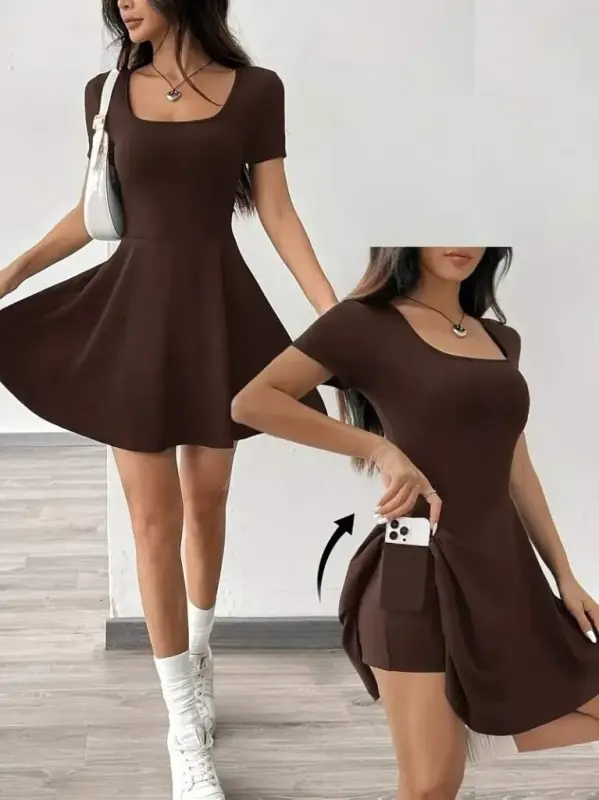 Ayollar qisqa yengli kvadrat yoqali short detalli cho'ntakli dalg'ich ko'ylak - 1