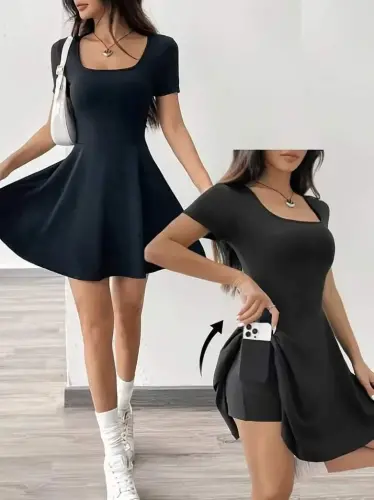 Ayollar qisqa yengli kvadrat yoqali short detalli cho'ntakli suvga sho'ng'uvchi ko'ylak - 1