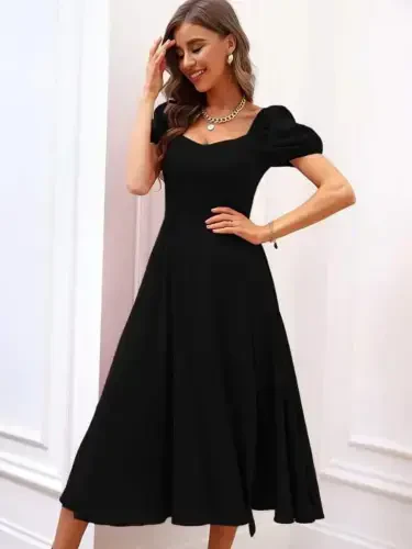 Ayollar qisqa yengli kvadrat yoqali yirtigli midi janjan krep ko'ylak - 4