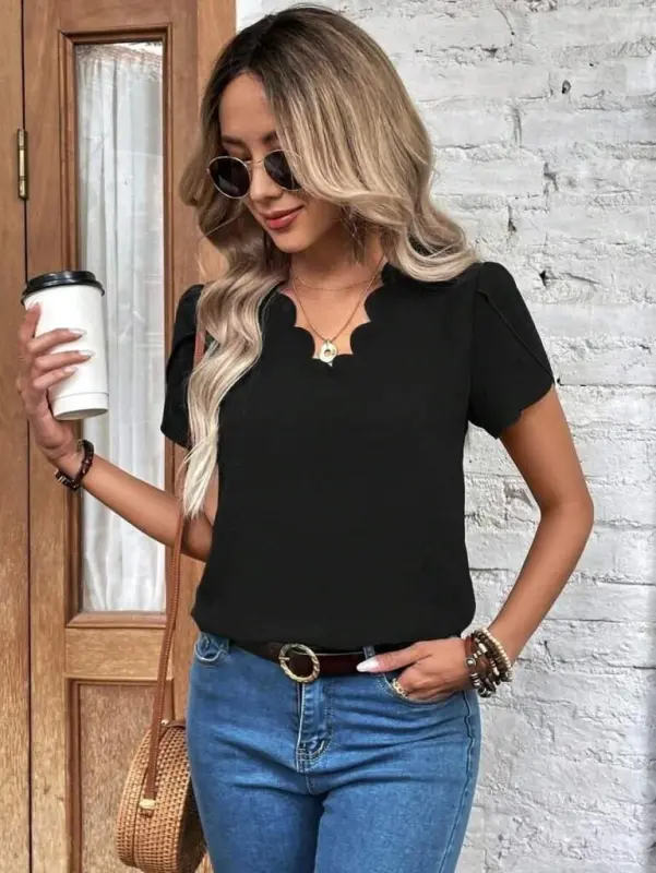 Ayollar qisqa yengli lazer V yoqali import krep bluzka - 4