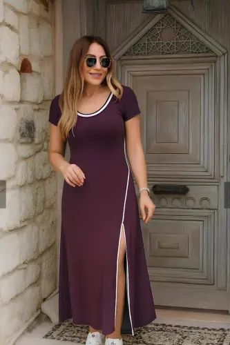 Ayollar qisqa yengli oq yirtqich detallari bilan bezatilgan viskozali uzun ko'ylak - 2