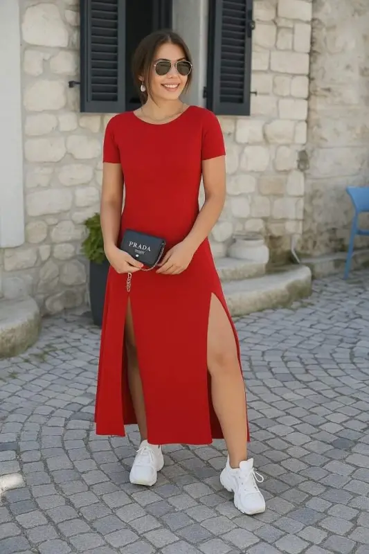 Ayollar qisqa yengli orqa dekolteli yirtiq detallli viskoza ko'ylak - BÜYÜKBEDENIZ