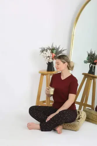 Ayollar qisqa yengli paxta penye pijama toʻplami bordo 4214 - 1