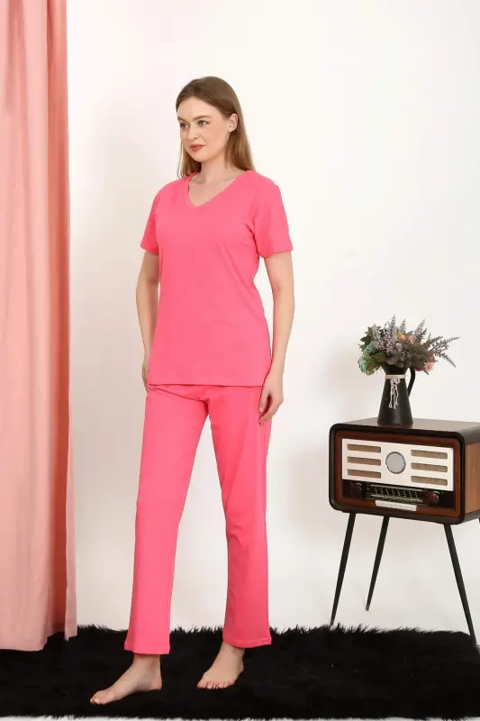 Ayollar qisqa yengli paxta penye pijama toʻplami pushti rangda 4213 - 2