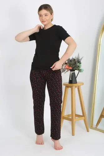 Ayollar Qisqa Yengli Paxta Pyjama To'plami Qora 4214 - 8