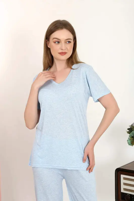 Ayollar qisqa yengli paxtadan Penye pijama to‘plami Moviy 4213 - 4