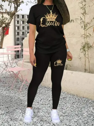 Ayollar qisqa yengli Queen bosma viskoza ikkilik kostyumi - 1