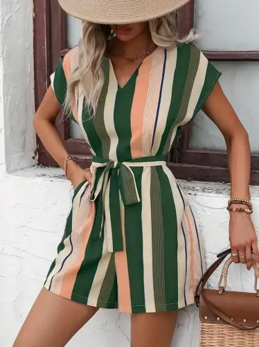 Ayollar qisqa yengli V yoqali belbog'li zig'ir kombinezon - 2