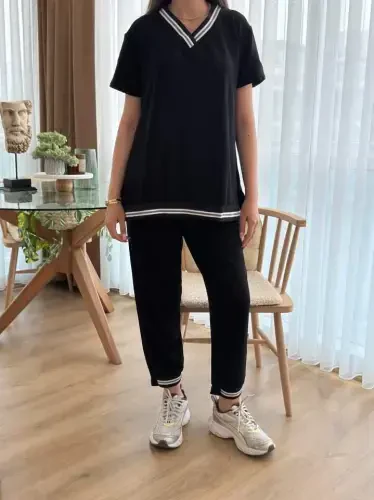 Ayollar Qisqa Yengli V Yoqali Ikki Ip Bluz va Shim Ikki Qismli Kostyum - 3