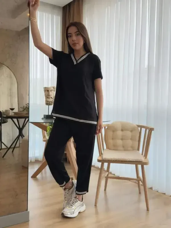 Ayollar Qisqa Yengli V Yoqali Ikki Ip Bluz va Shim Ikki Qismli Kostyum - 4