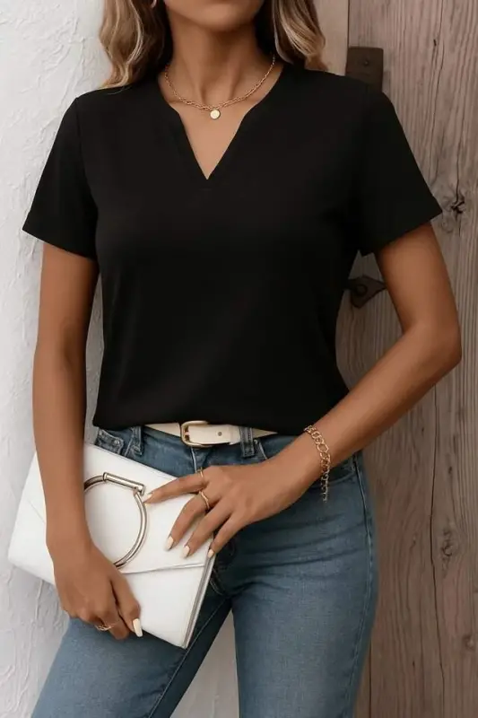 Ayollar qisqa yengli V yoqali import krep ko'ylak - 1