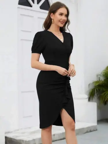 Ayollar Qisqa Yengli V Yoqali Oldi Frilly Import Krep Ko'ylak - 3