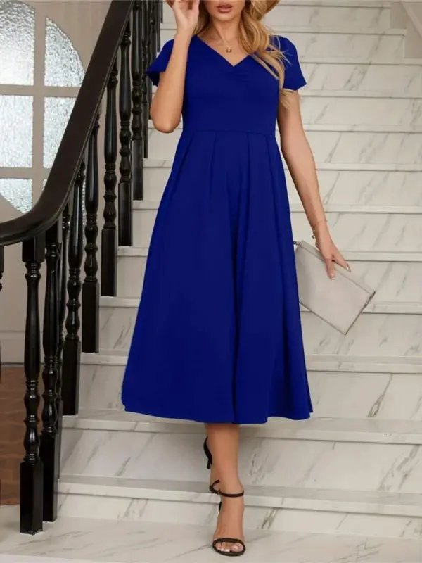 Ayollar Qisqa Yengli V Yoqali oldi Pilili Midi Janjan Krep Ko'ylak - 3