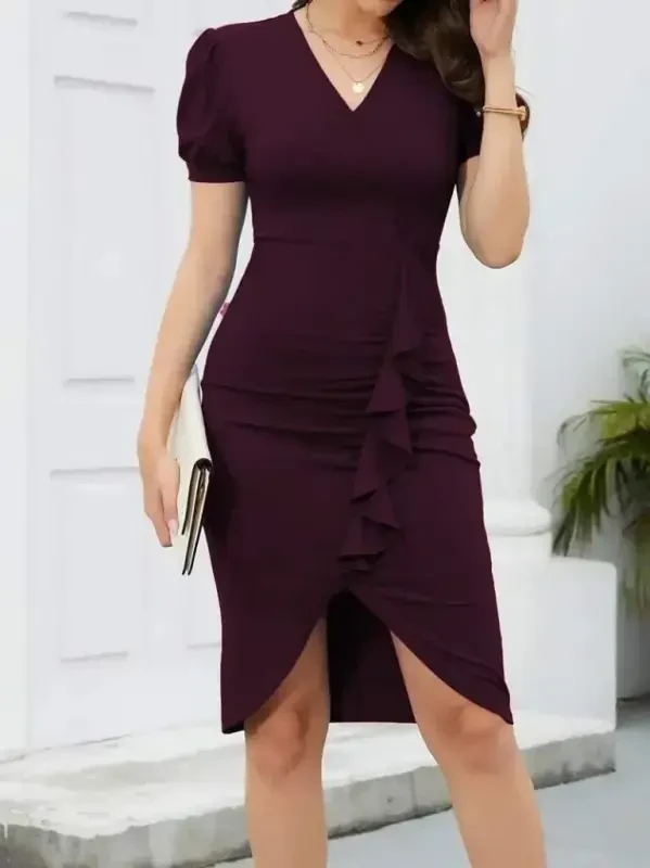 Ayollar Qisqa Yengli V Yoqali oldidan Volanli Import Krep Ko'ylak - 5