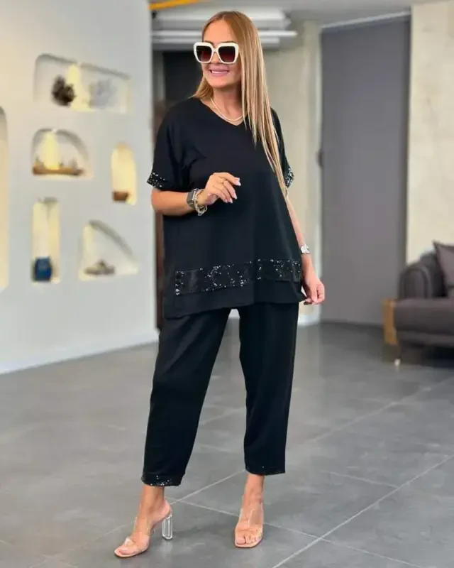 Ayollar Qisqa Yengli V Yoqali Pulli Payetli Viskoza Ikki Ip Bluz Va Shim Ikki Qismli Kostyum - 2