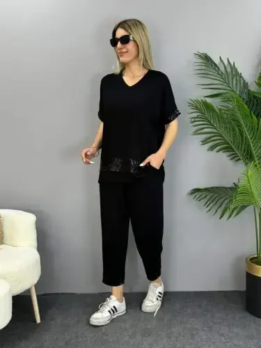 Ayollar Qisqa Yengli V Yoqali Pulli Payetli Viskoza Ikki Ip Bluz Va Shim Ikki Qismli Kostyum - 7