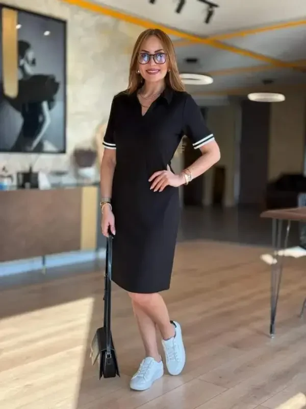 Ayollar qisqa yengli V yoqali viskoza ikki ipli ko'ylak - 3