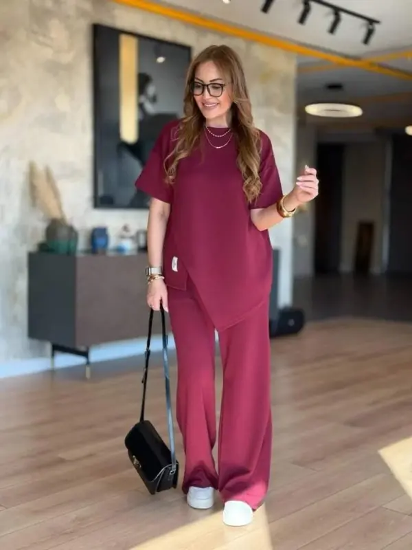 Ayollar qisqa yengli velosiped yoqali assimetrik viskoza ikki ipli bluz va shimlar to'plami - 3