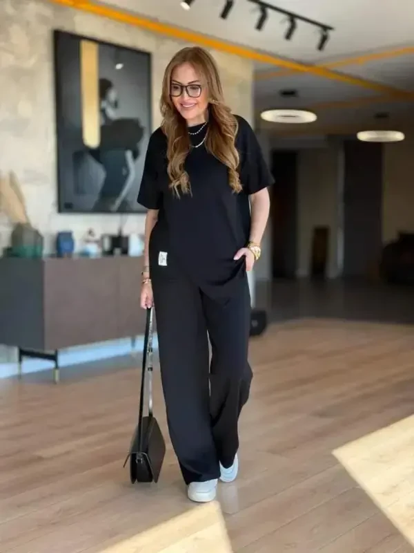 Ayollar qisqa yengli velosiped yoqali assimetrik viskoza ikki ipli bluz va shimlar to'plami - BÜYÜKBEDENIZ