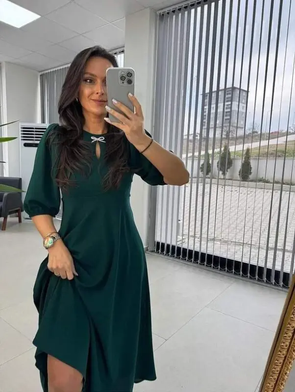 Ayollar Qisqa Yengli Velosiped Yoqali Fiyonk Broshli Midi Jajjan Krep Ko'ylak - 5