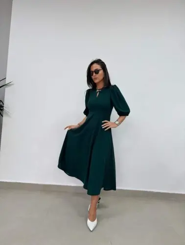 Ayollar Qisqa Yengli Velosiped Yoqali Fiyonk Broshli Midi Jajjan Krep Ko'ylak - 8