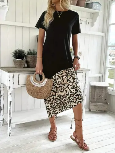 Ayollar Qisqa Yengli Velosiped Yoqali Leopard Tafsilotli Midi Yuqori Viskoza Pastki Suprem Ko'ylak - 4