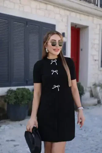 Ayollar Qisqa Yengli Velosiped Yoqali oldidan Bantli Detalli Import Krep Ko'ylak - 1