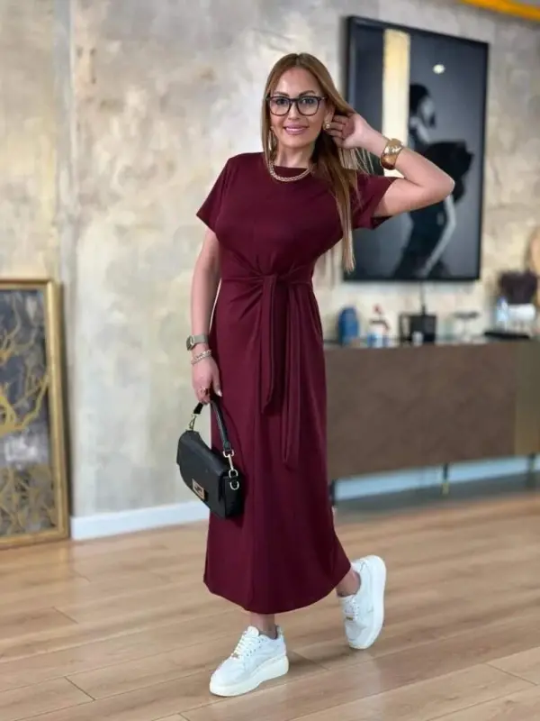 Ayollar qisqa yengli velosiped yoqali yon bog'lamali viskon ikki ipli ko'ylak - 1