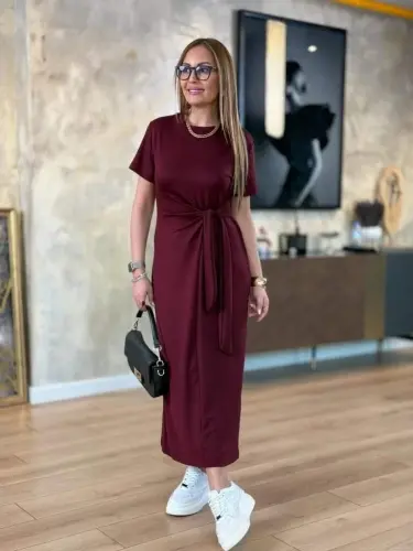 Ayollar qisqa yengli velosiped yoqali yon bog'lamali viskon ikki ipli ko'ylak - 5