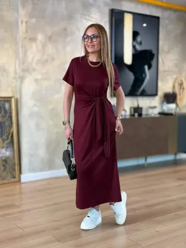 Ayollar qisqa yengli velosiped yoqali yon bog'lamali viskon ikki ipli ko'ylak - 6