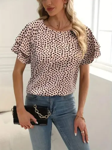 Ayollar Qisqa Yengli Volanli Bosmali Supram Bluza - 4