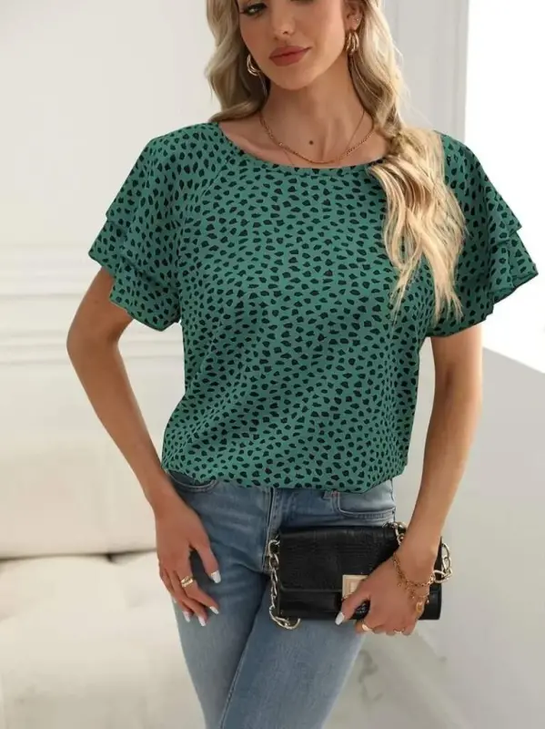 Ayollar qisqa yengli, yenglari volanli, bosma naqshli suprema bluzka - 3