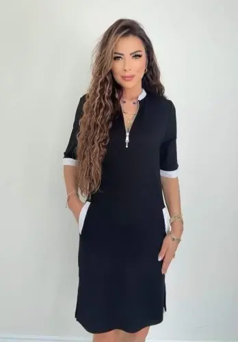 Ayollar qisqa yengli yoqadan fermuarlı cho'ntakli yon tomonidan yirtikli viskoza ko'ylak - 3