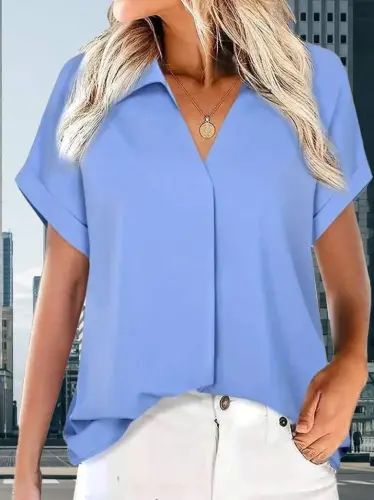 Ayollar qisqa yengli yoqali uzun sandy bluz - 7