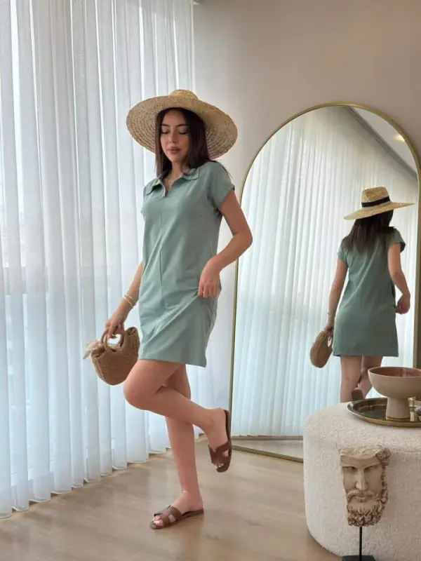 Ayollar qisqa yengli yoqali viskoza ikki ipli ko'ylak - 1