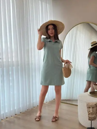 Ayollar qisqa yengli yoqali viskoza ikki ipli ko'ylak - 4